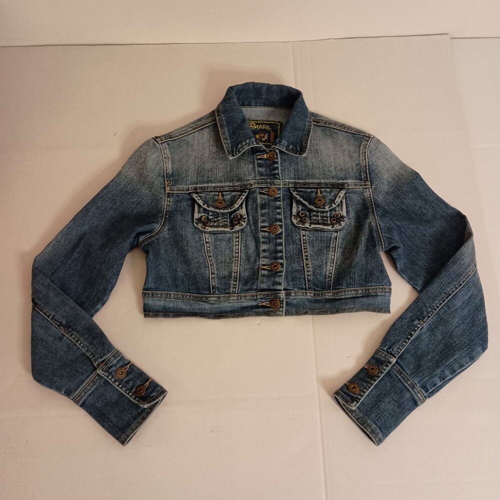 Star Jeans Jacket Y2K Cropped Denim Blue Button Pockets Women's Size S - Picture 15 of 16